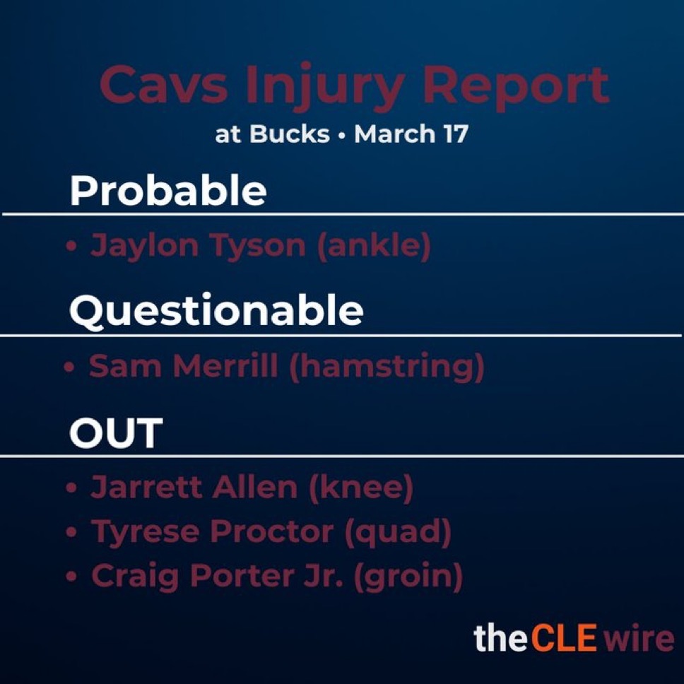 明日比赛伤病报告：贾勒特·艾伦（膝盖）、泰瑞斯·普罗克特（股四头肌）和克雷格·波