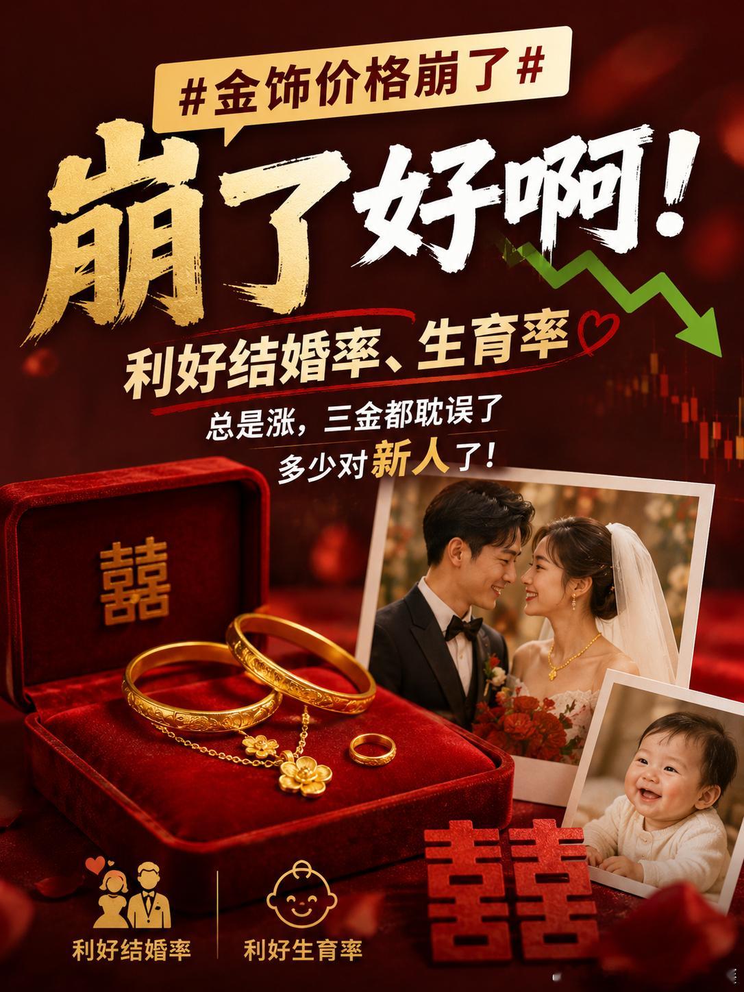 金饰价格崩了崩了好啊！ 利好结婚率、生育率总是涨，三金都耽误了多少对新人了！ 