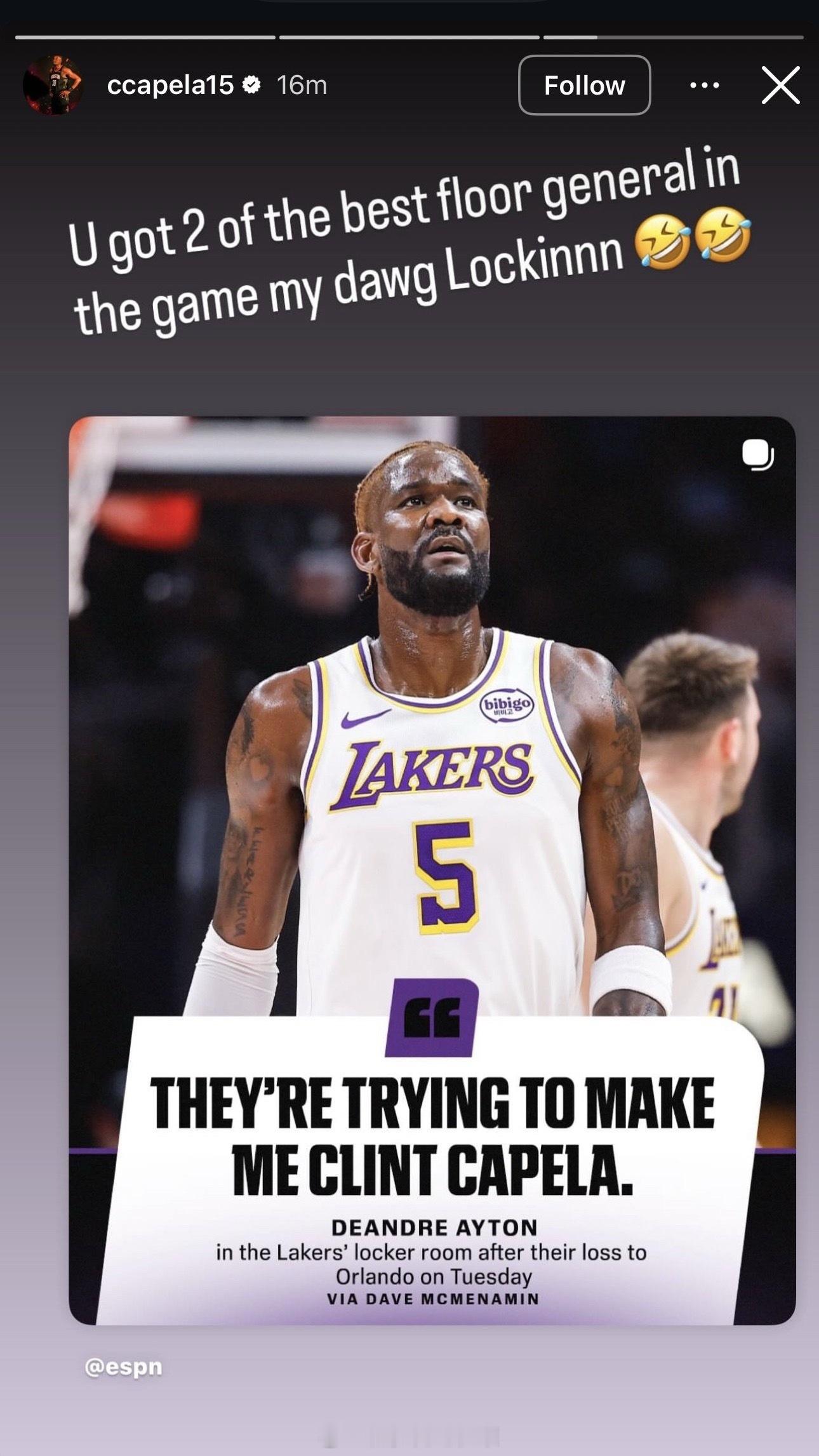 卡佩拉社媒回应艾顿言论：“兄弟，你身边可是有联盟里最顶尖的两位球场指挥官啊，稳住