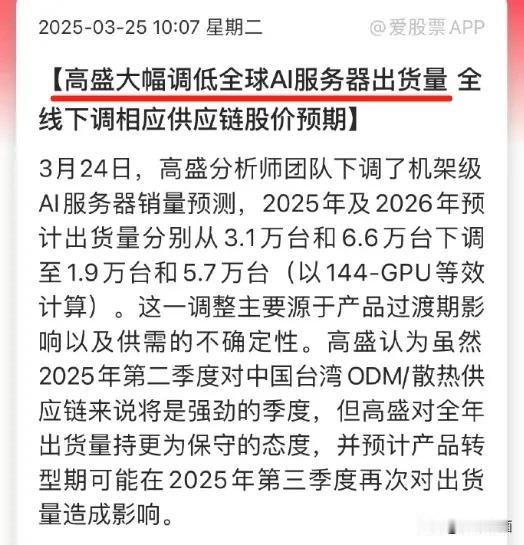 AI下跌原因找到了，原来是高盛看空！
昨日高盛研究团队下调了全球AI服务器销量预