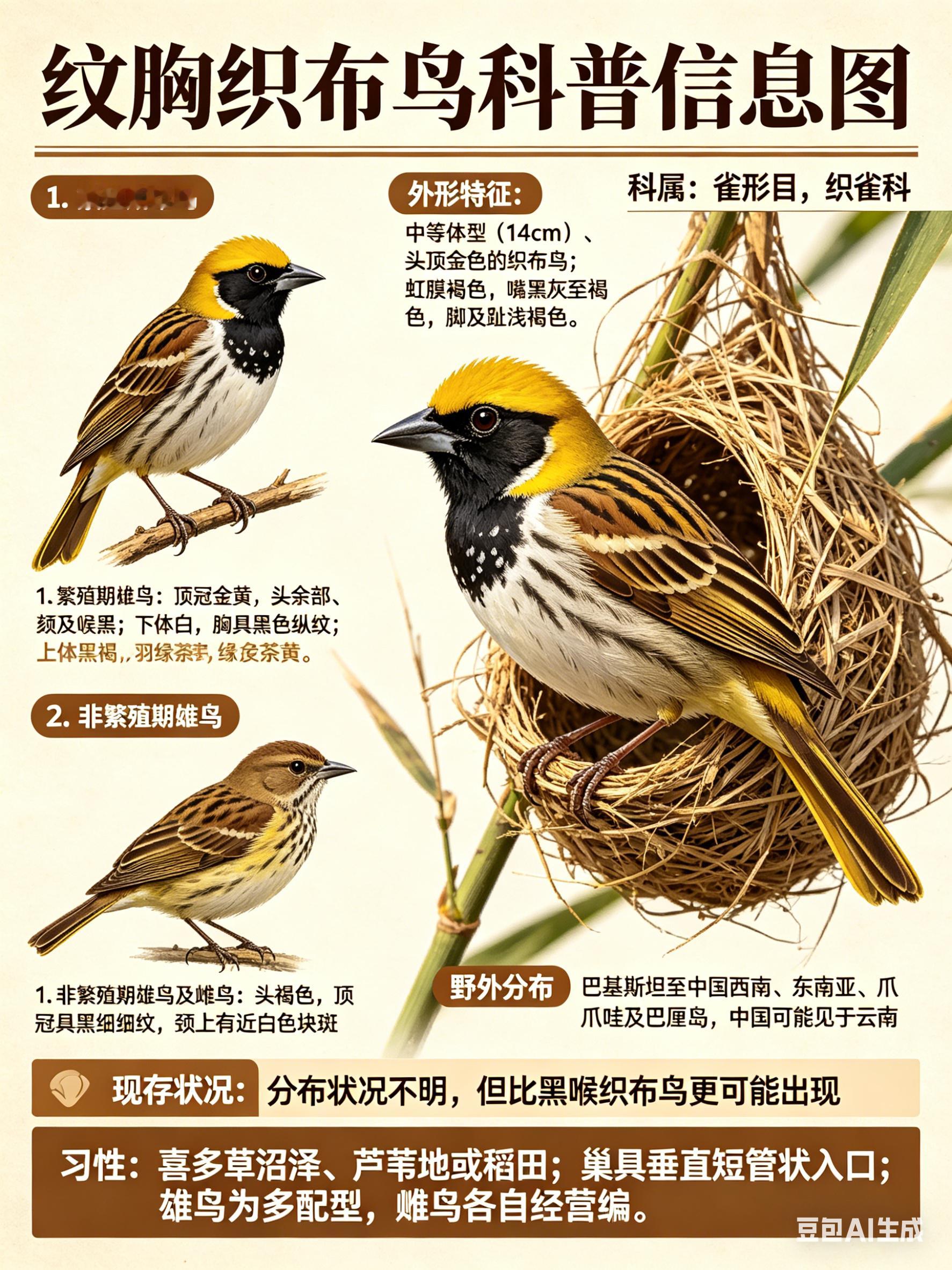 鸟类朋友图鉴 纹胸织布鸟·科属：雀形目，织雀科。·外形特征：中等体型（14cm）