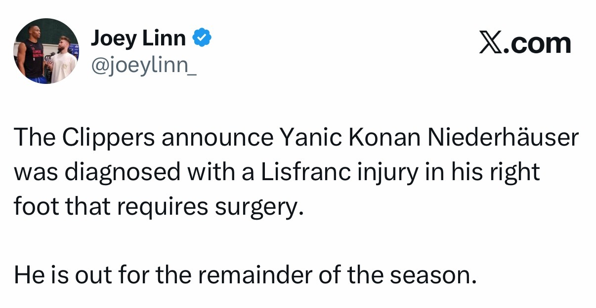 尼德豪泽右脚跖骨损伤，将接受手术，赛季报销。 