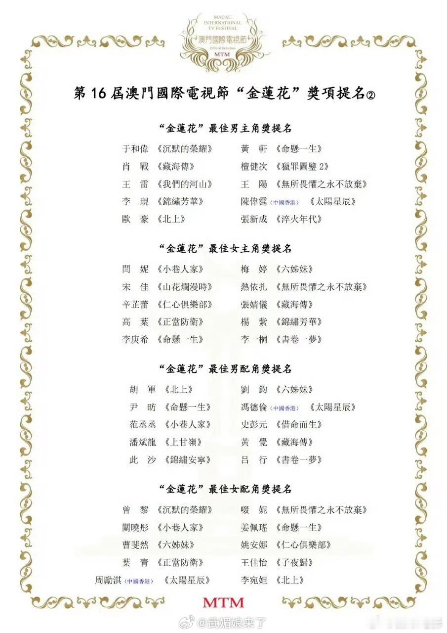 恭喜陈伟霆凭借主演的《太阳星辰》在第16届澳门国际电视节“金莲花”奖获得最佳男主