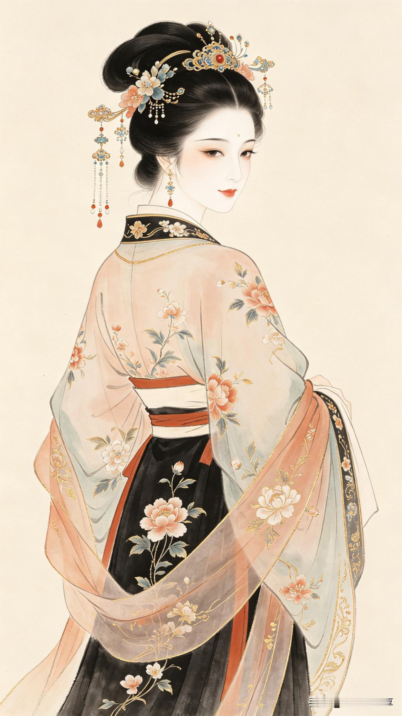 【水调歌头·题仕女图】

云鬓挽高髻，珠翠压芳尘。
轻纱如雾笼体，回首亦销魂。