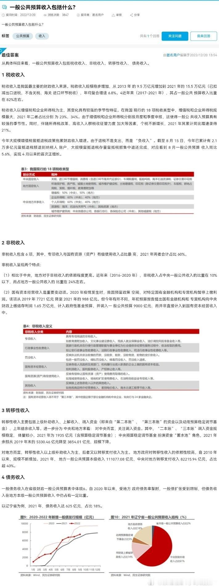 一般公共预算包括什么？包括税收、非税收收入、也会从土地收入以及国有企业上交的利润