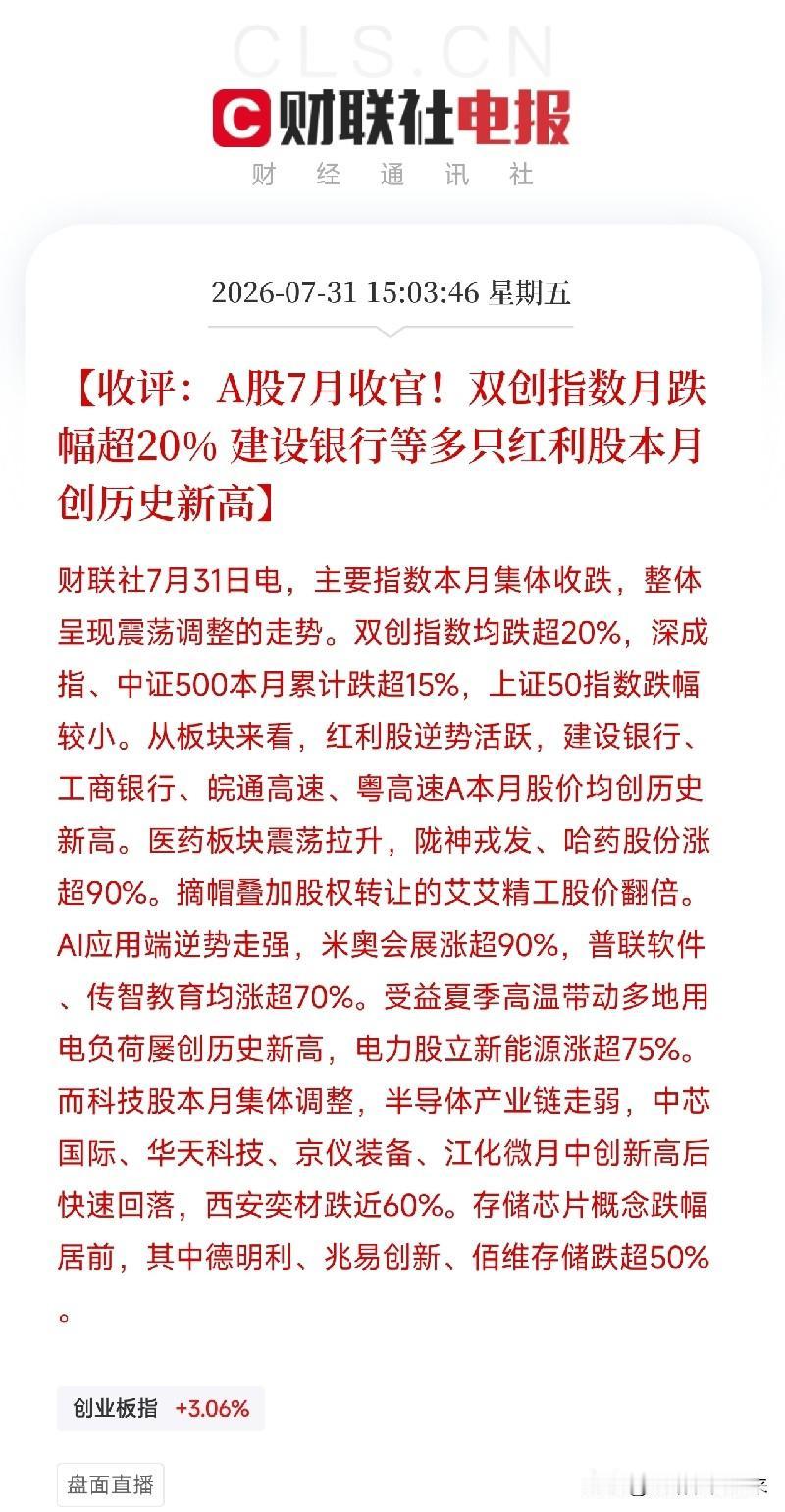 下午3点多，A股与韩国股市先后为7月画上句号，交出了一张在全球AI高估值破裂和宏