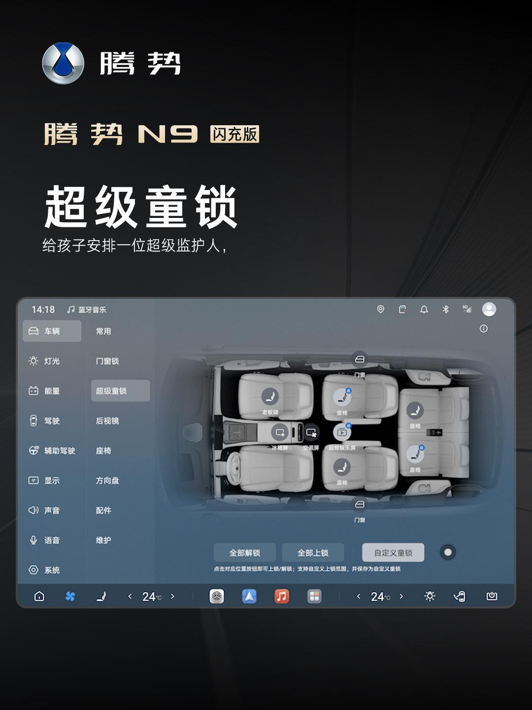 全家人出行的时候，小朋友活泼好动，可能会误开车门，引发安全隐患，腾势N9闪充版配