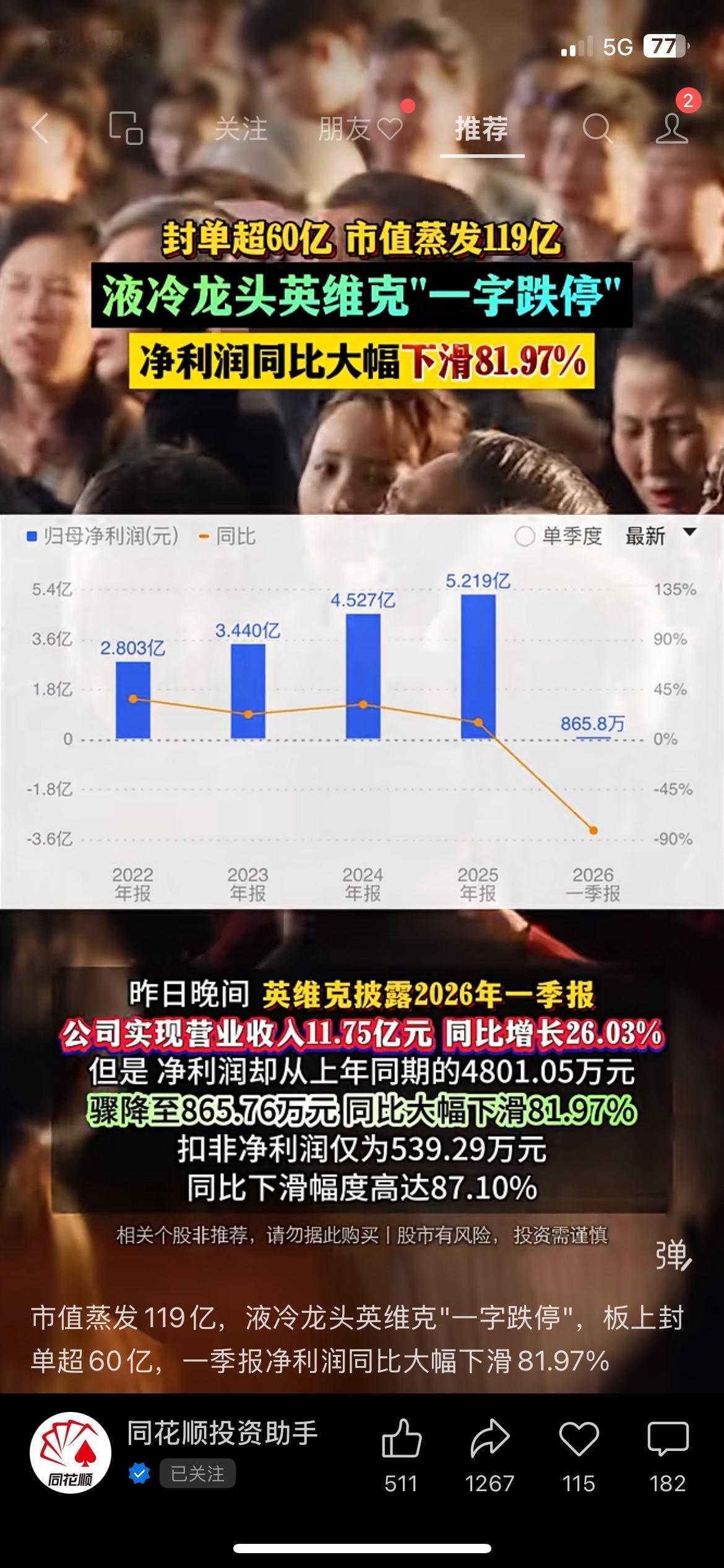 液冷龙头英维克一字跌停，市值蒸发119亿
液冷龙头英维克直接一字跌停，封单超60
