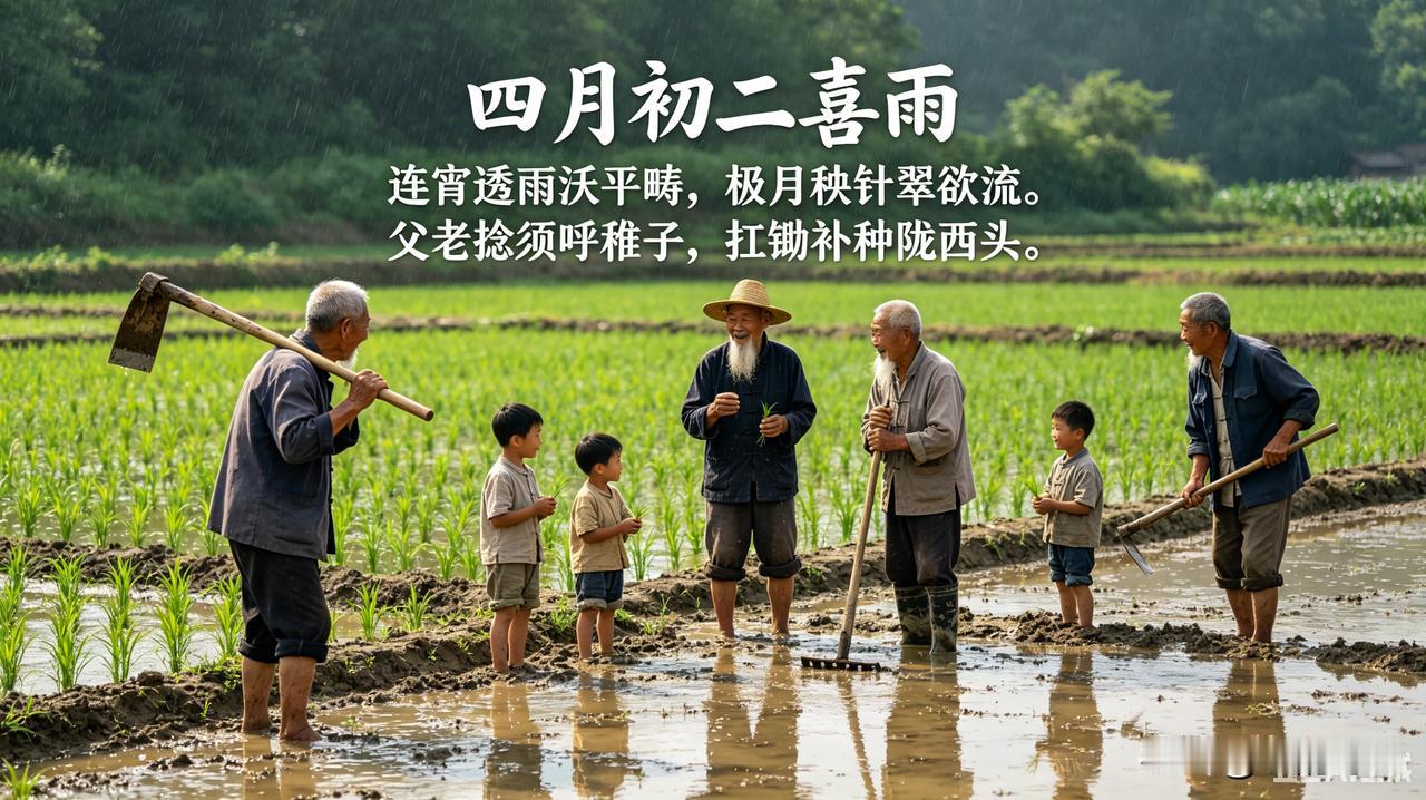 这首《四月初二喜雨》太有画面感了！“连宵透雨沃平畴，极目秧针翠欲流”，直接把春雨