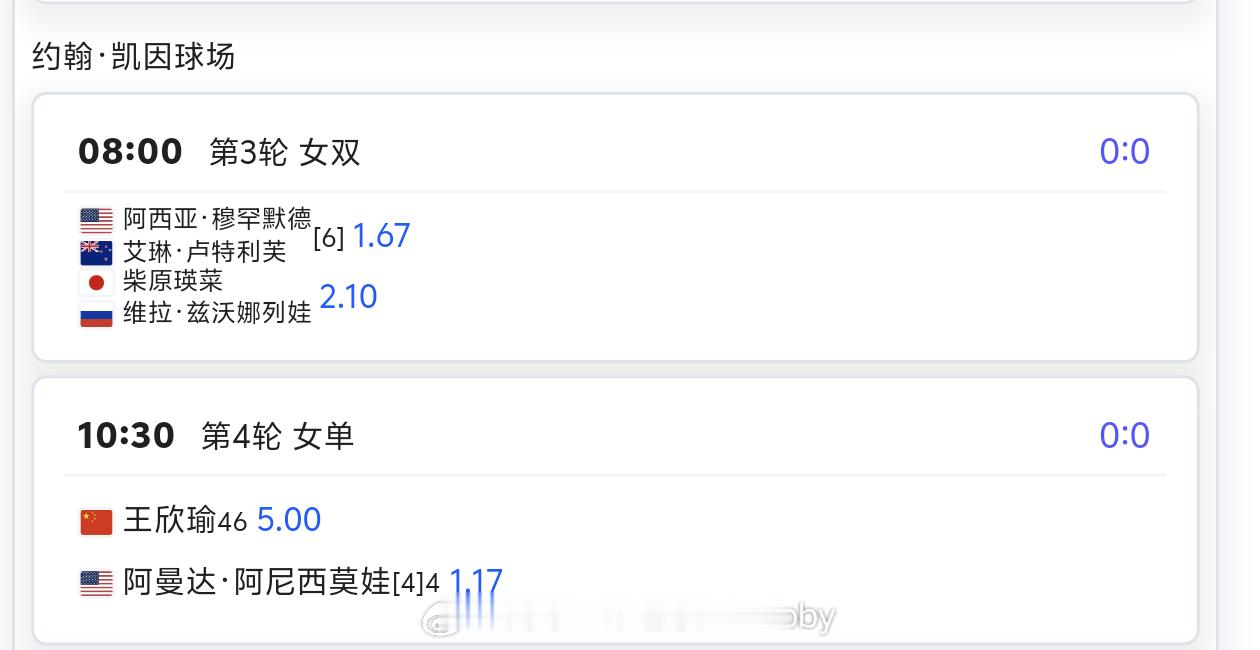 王欣瑜vs阿尼西莫娃 赛程出炉🔥赔率:5.00🆚1.17🎾约翰-凯因球场⏰