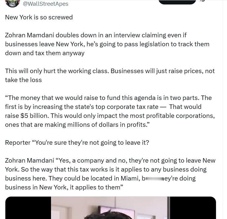 纽约人有福了！
佐兰·曼达尼在一次采访中加码表态，声称即便企业离开纽约，他也会通