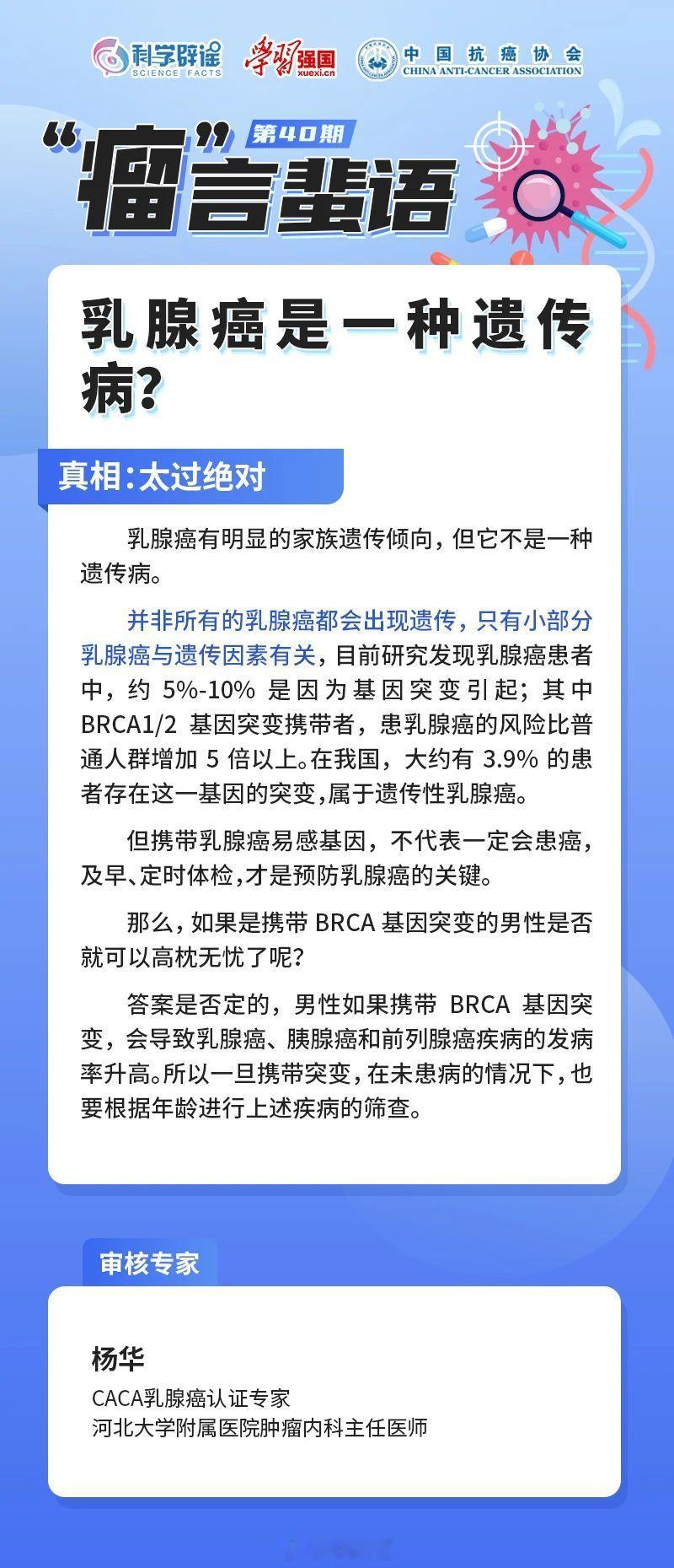 【乳腺癌是一种遗传病? 太过绝对】乳腺癌有明显的家族遗传倾向，但它不是一种遗传病