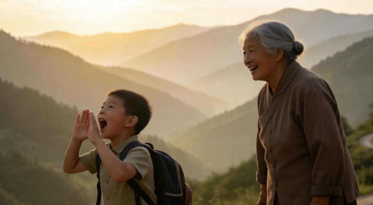 山里孩子上完小学就要去镇上寄宿。走的那天，阿婆送到山口，说：“想阿婆了，就对着山