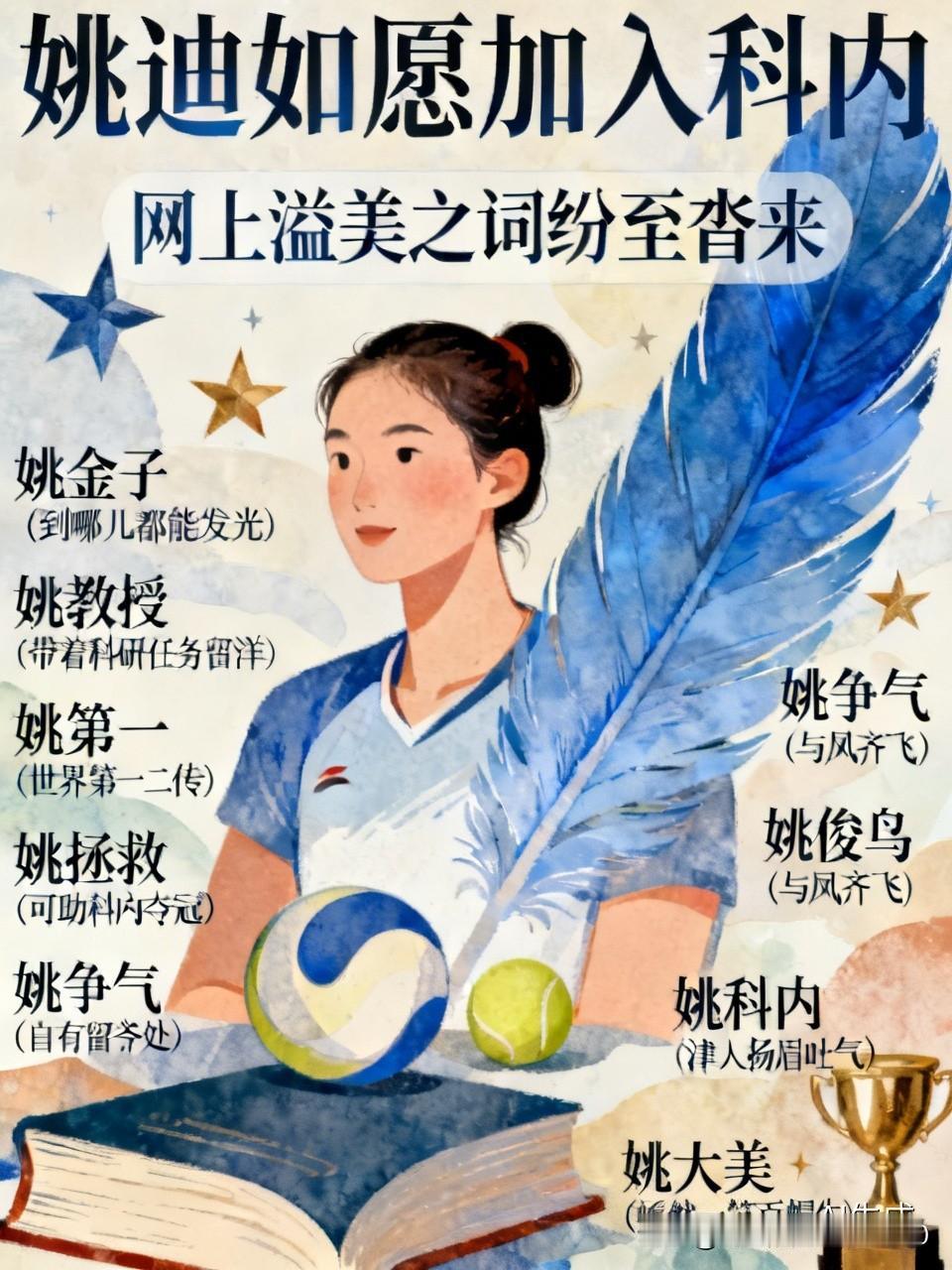 [玫瑰][玫瑰]姚迪如愿加入科内，网上的溢美之词，纷至沓来。
例如：
姚金子（到