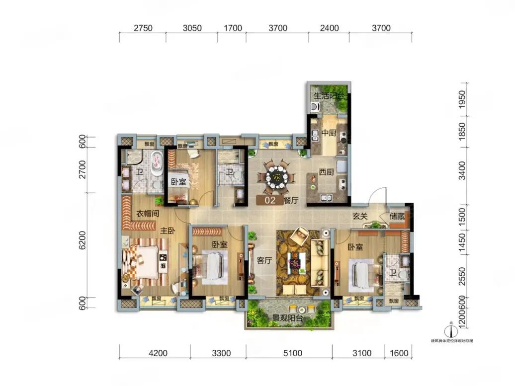 170多平做出四房三卫，这个户型真的绝了！
 
餐客通厅方正通透，中西双厨设计，
