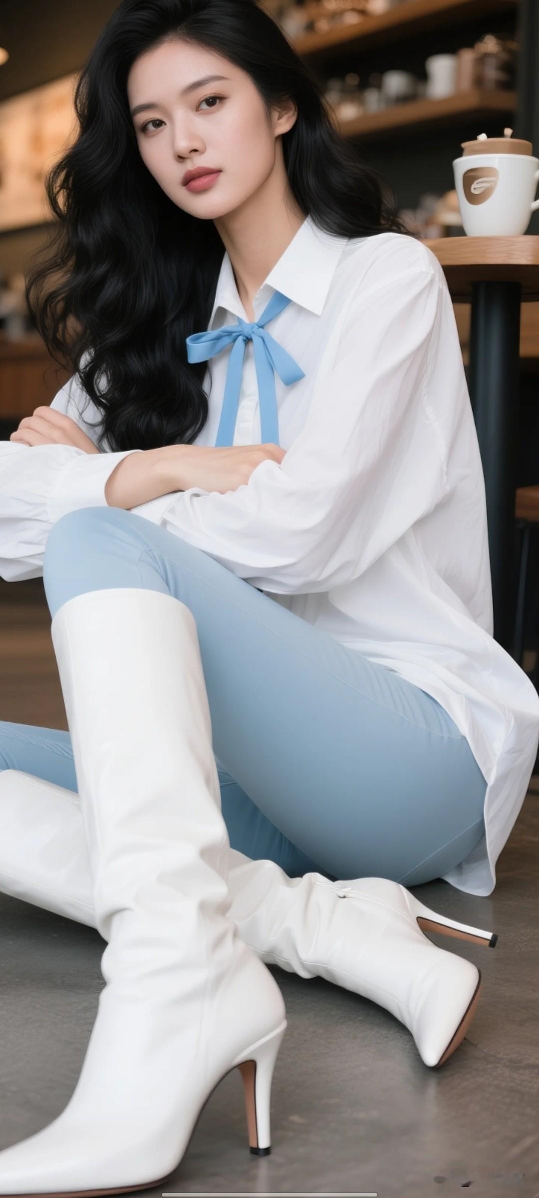 复古风穿搭 白色衬衫+蓝色蝴蝶结+浅蓝色牛仔裤+白色高跟靴，时尚又优雅！