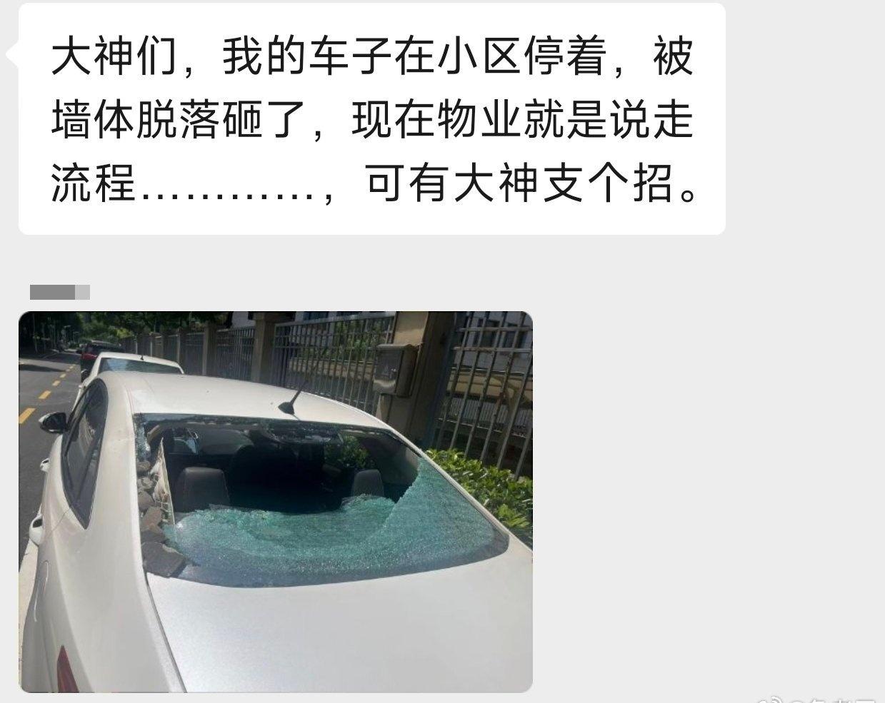 网友求助：大神们，我的车子在小区停着，被墙体脱落砸了，现在物业就是说走流程………