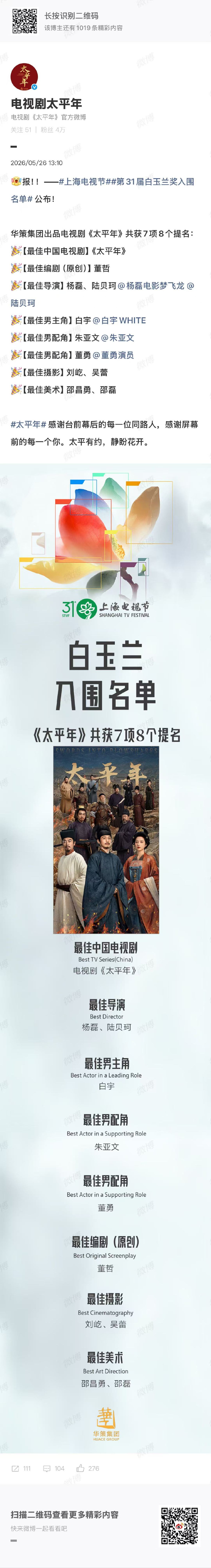 太平年回应白玉兰提名 哇 