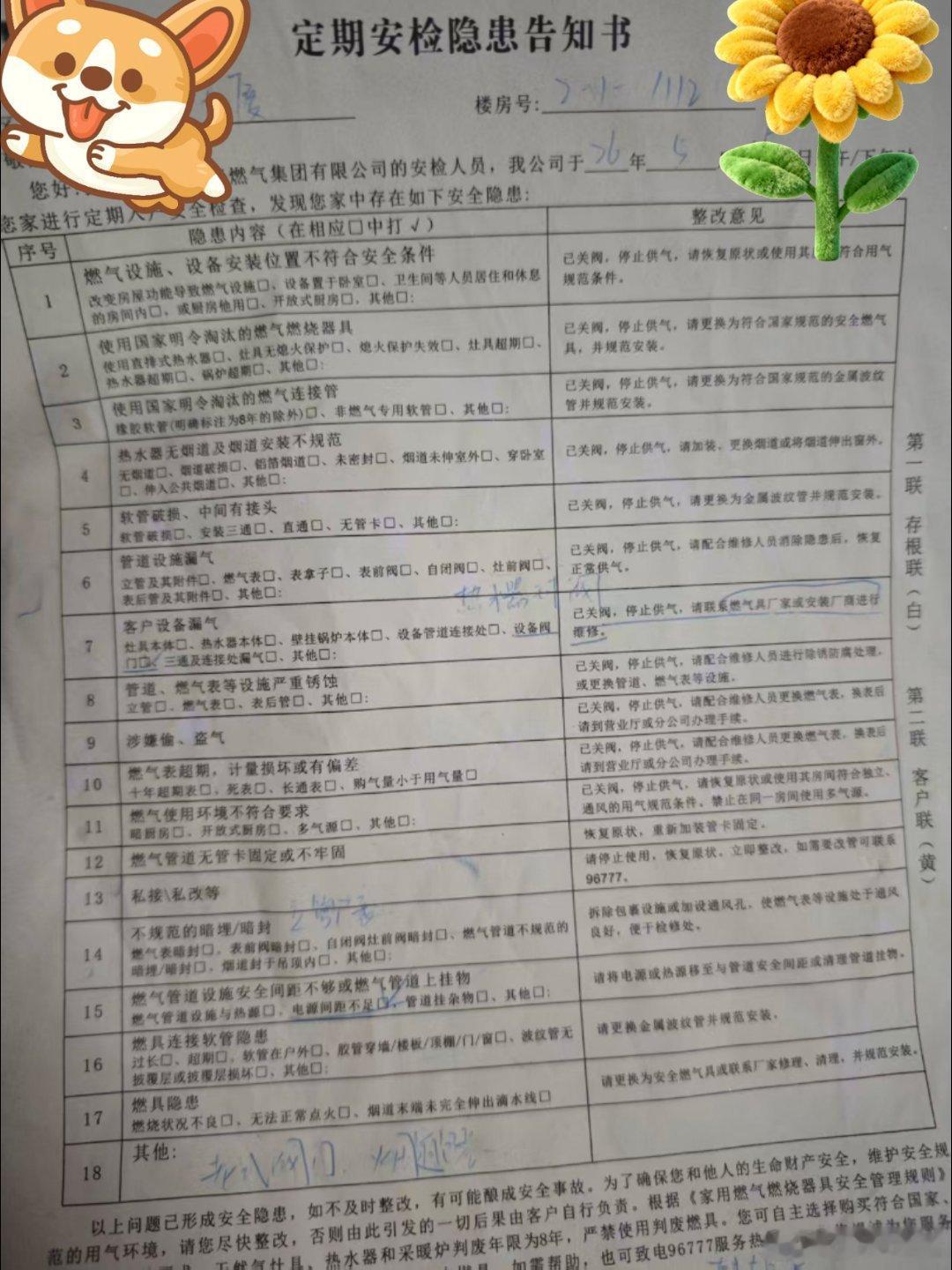 房客微信发过来一张天然气定期安检隐患，在问题栏中，有两条画了勾，说是天然气有点漏