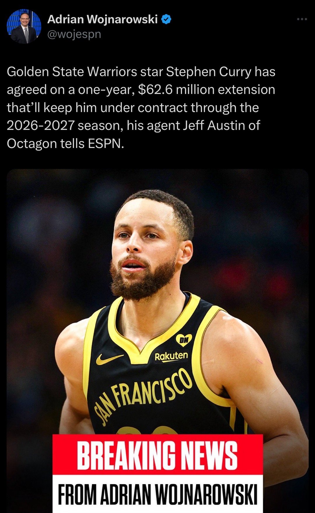 woj：库里1年6260万美金续约勇士，这样他的合同将一直持续到26-27赛季这