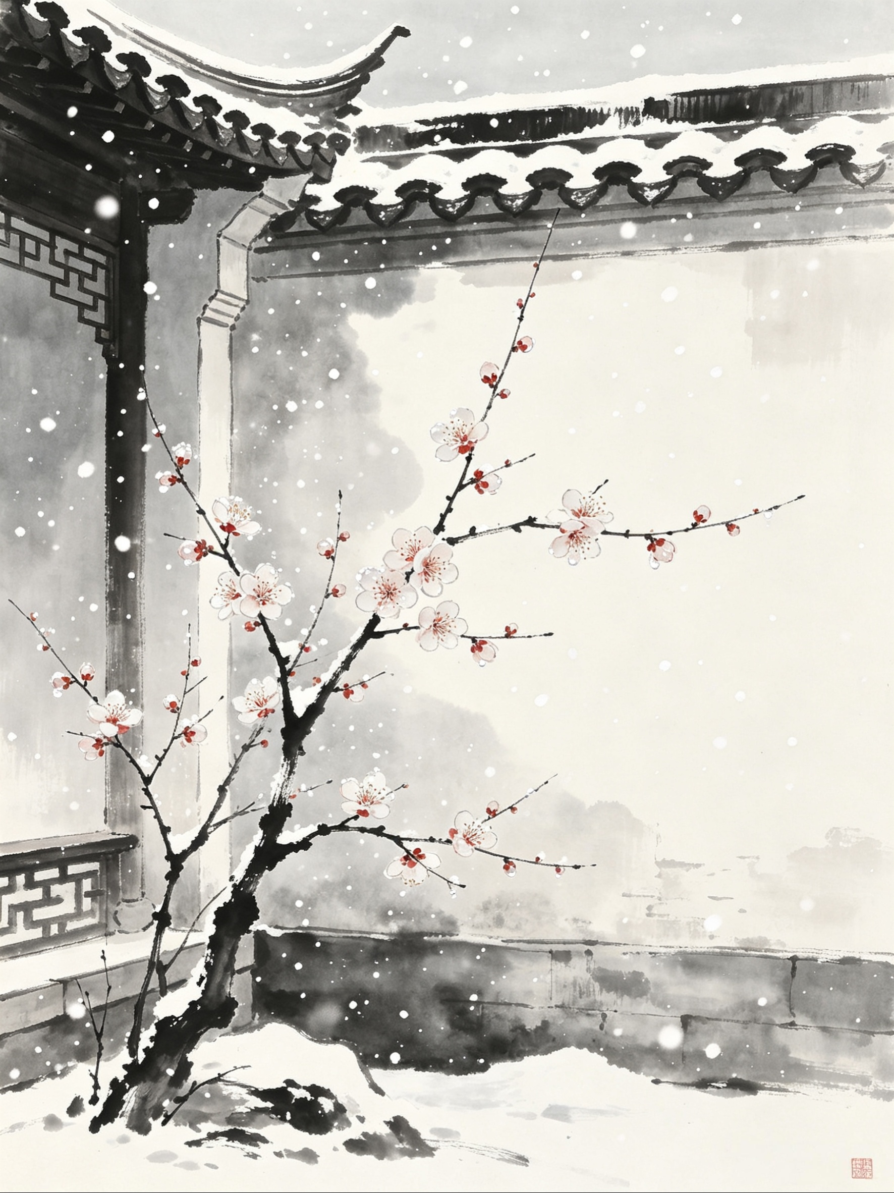 寒雾浸透旧院墙角梅花，一身傲骨独守寒冬，深情从不轻易向旁人坦露。 