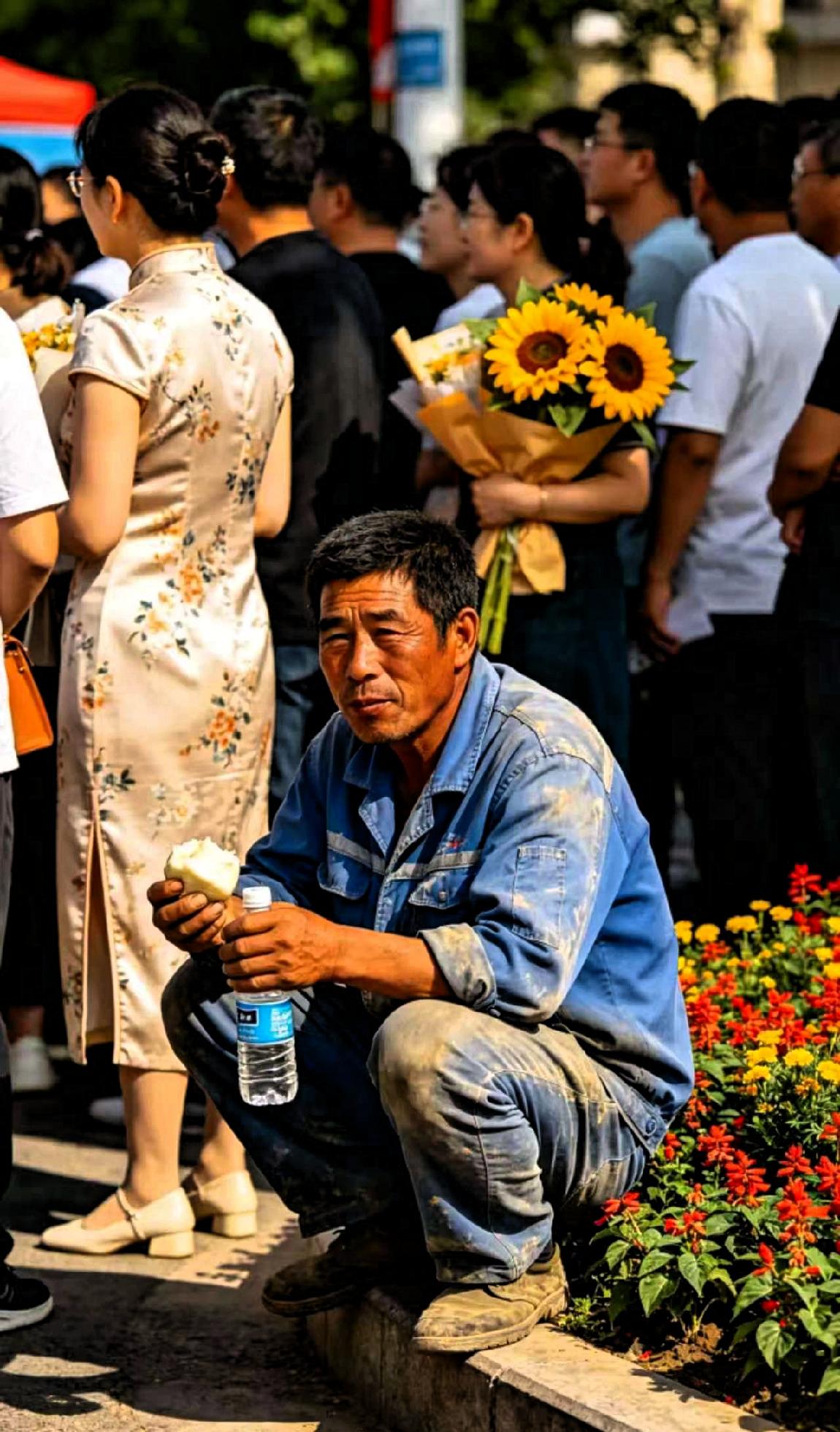高考第一场，考场外一位父亲蹲在路边吃馒头，他身着洗得发白的工装，裤腿沾着些许水泥