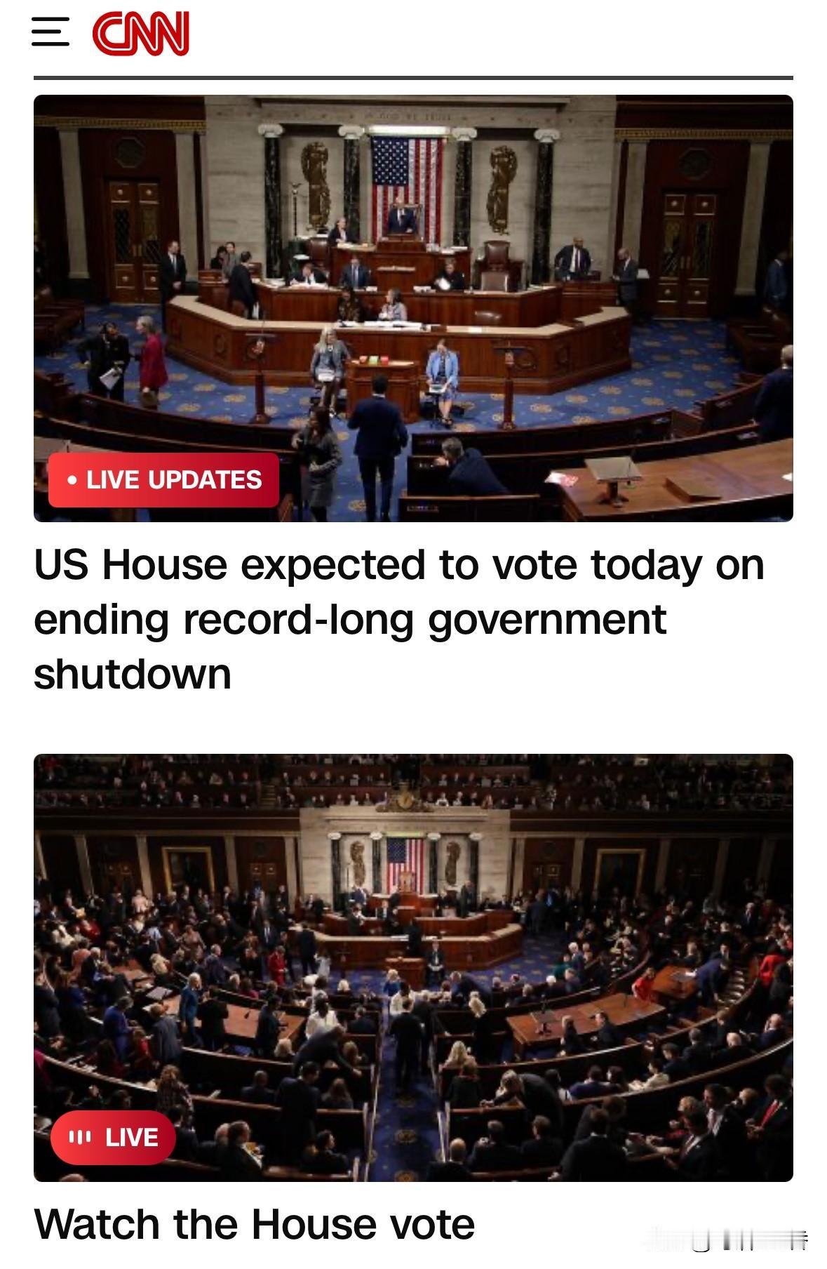 美众议院正在投票有关参议院通过的议案，相信美联邦政府最长时间的停摆将会结束。
 