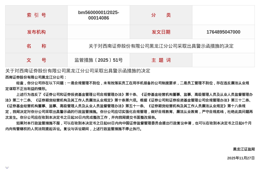 西南证券黑龙江分公司被出具警示函，涉合规管理不到位等