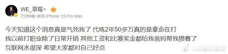 #前职业选手谈胖猫代练2年赚50万#代练两年五十万真的是拿命在打！WE.草莓谈胖