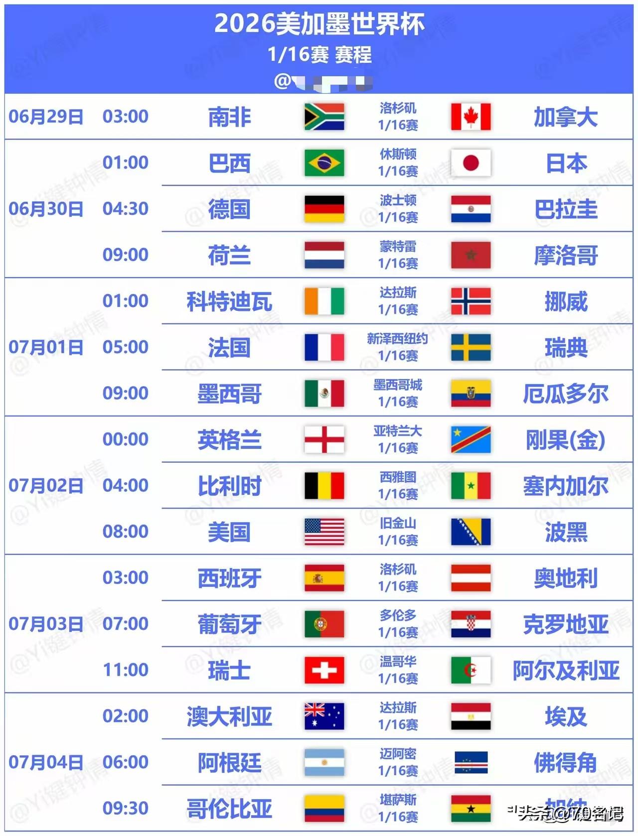 立帖为证世界杯 1/16赛程全揭秘：时间表里藏着冠军密码

仔细看了这份刚刚出炉
