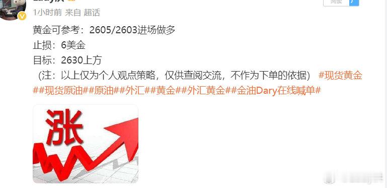 黄金赚取百点利润了！午间的黄金2605多单布局，行情稳定上涨，目前上涨至2621