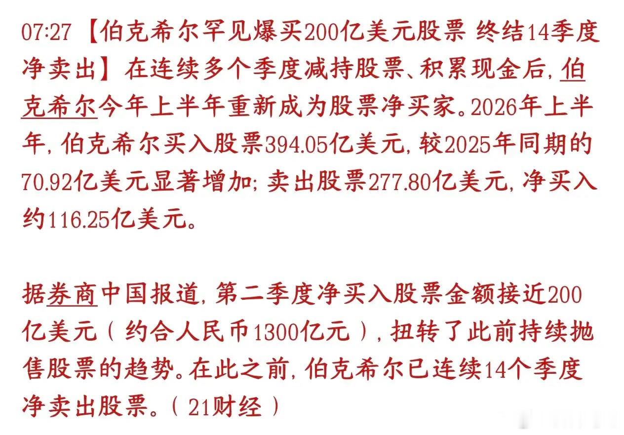 股市中长线布局机会又来了？伯克希尔结束卖盘，开始买股票伯克希尔（巴菲特的公司）之