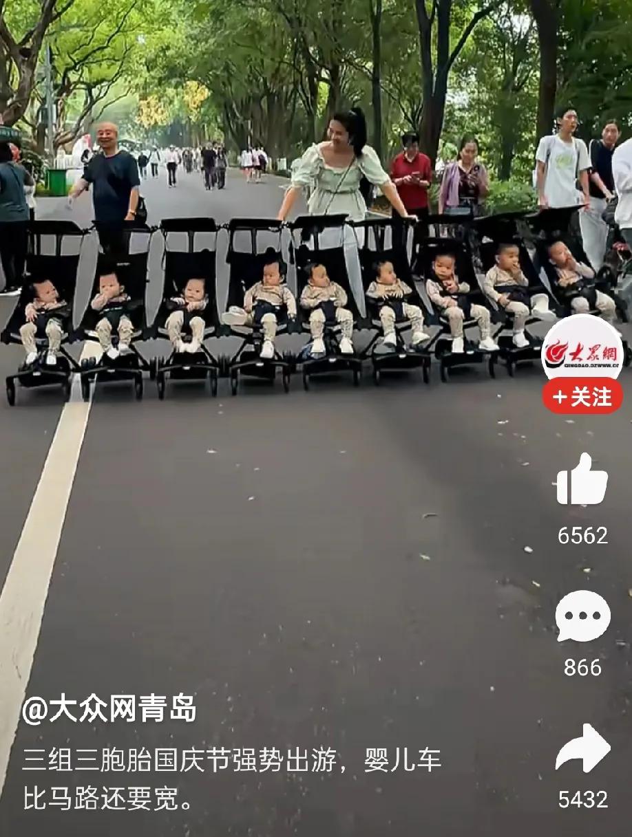 好家伙，一排9个婴儿车比马路还宽
我刚想说怎么这么能生，一次生9个
再看人家三组