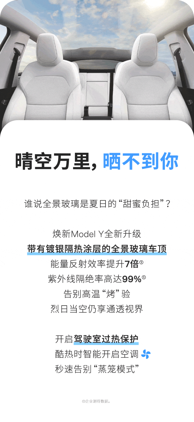 特斯拉在太阳下，车里挺热的。无论玻璃紫外线反射再好，能量反射效率再高，全顶玻璃的