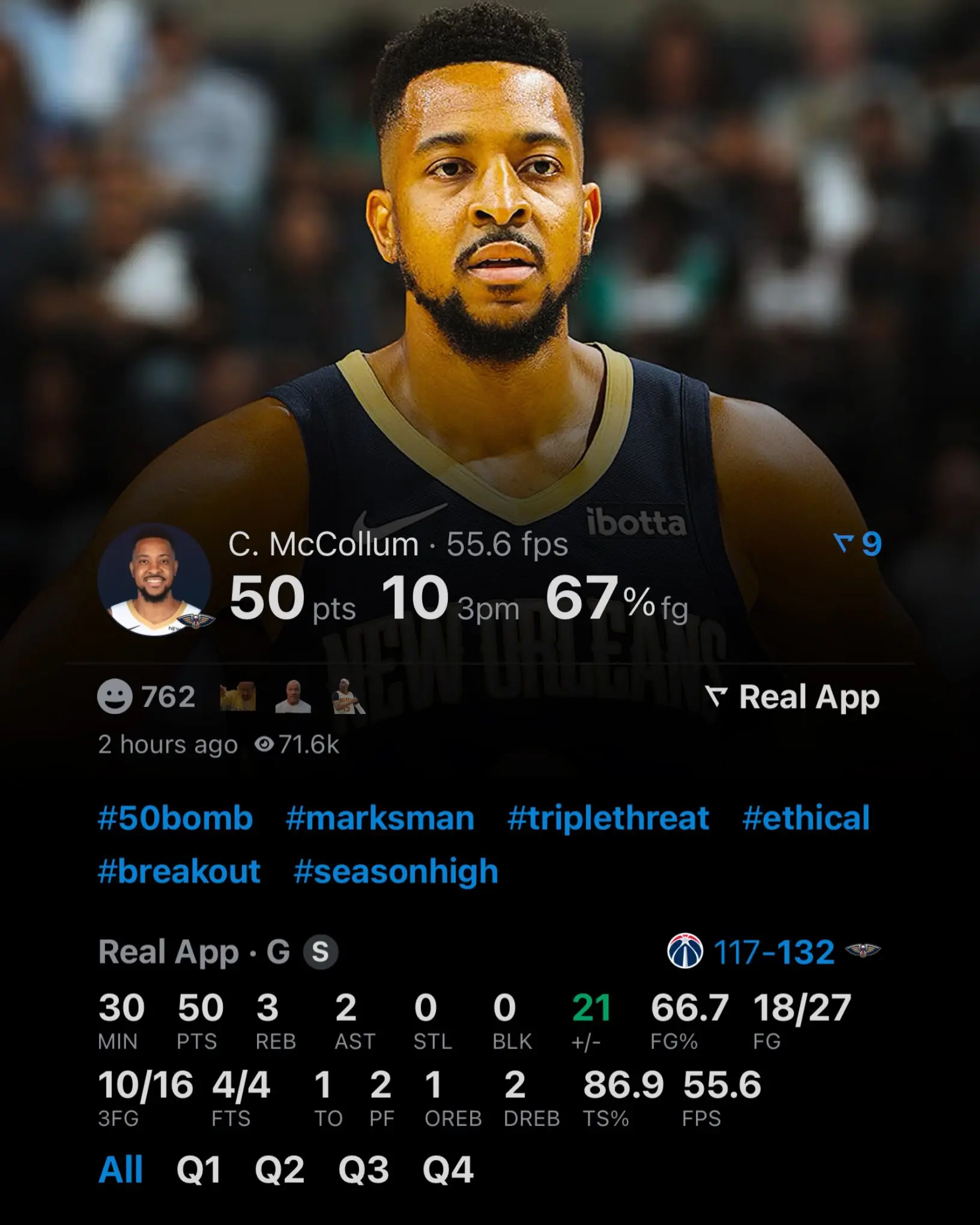 CJ50分并命中10记三分鹈鹕队史首人