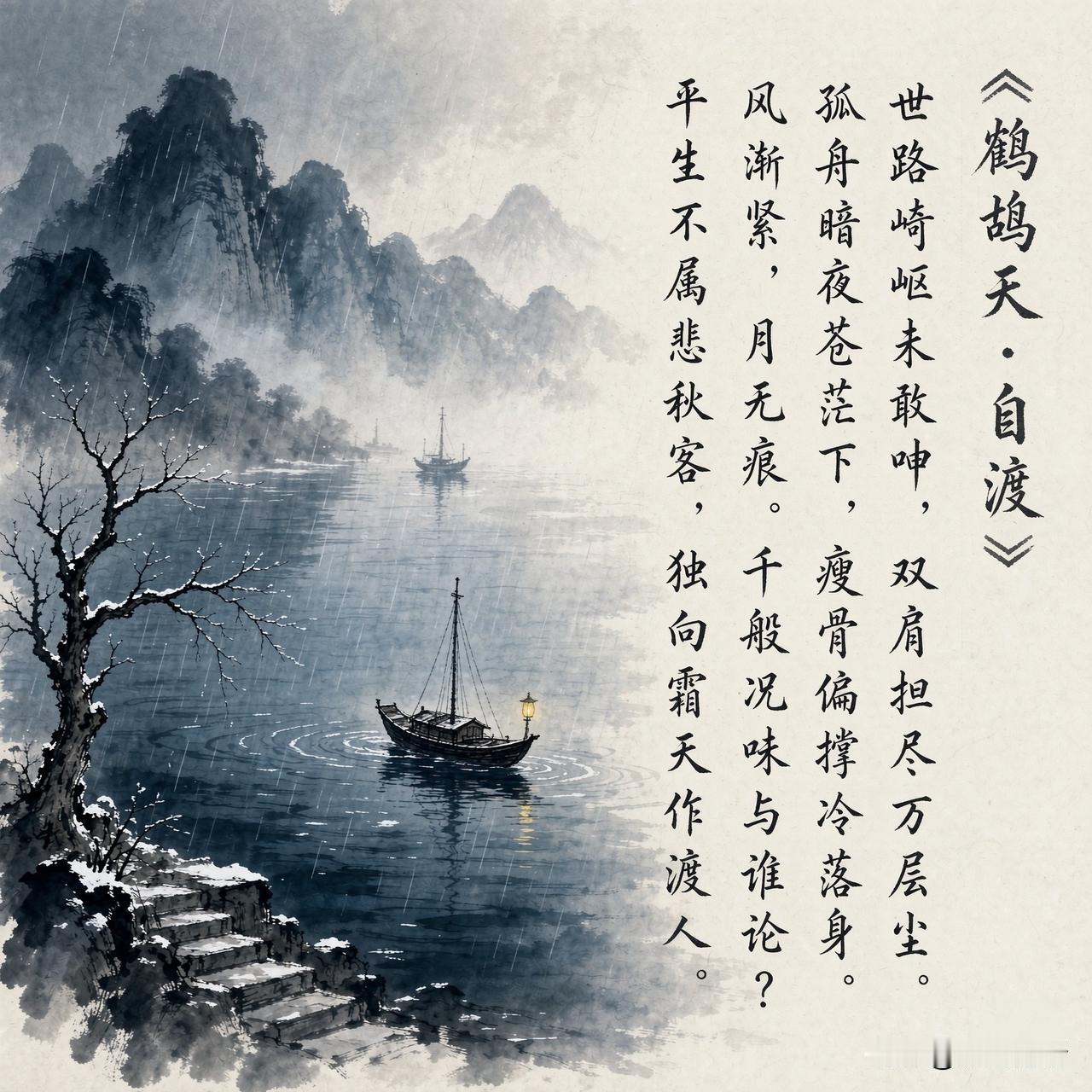 鹧鸪天·自渡  ［狐山诗行］

世路崎岖未敢呻，双肩担尽万层尘。

孤舟暗夜苍茫