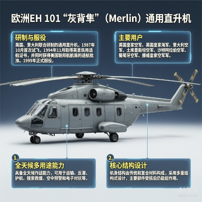 军事ai新视野 欧洲EH 101“灰背隼”直升机机身长度：22.81米机身高度：