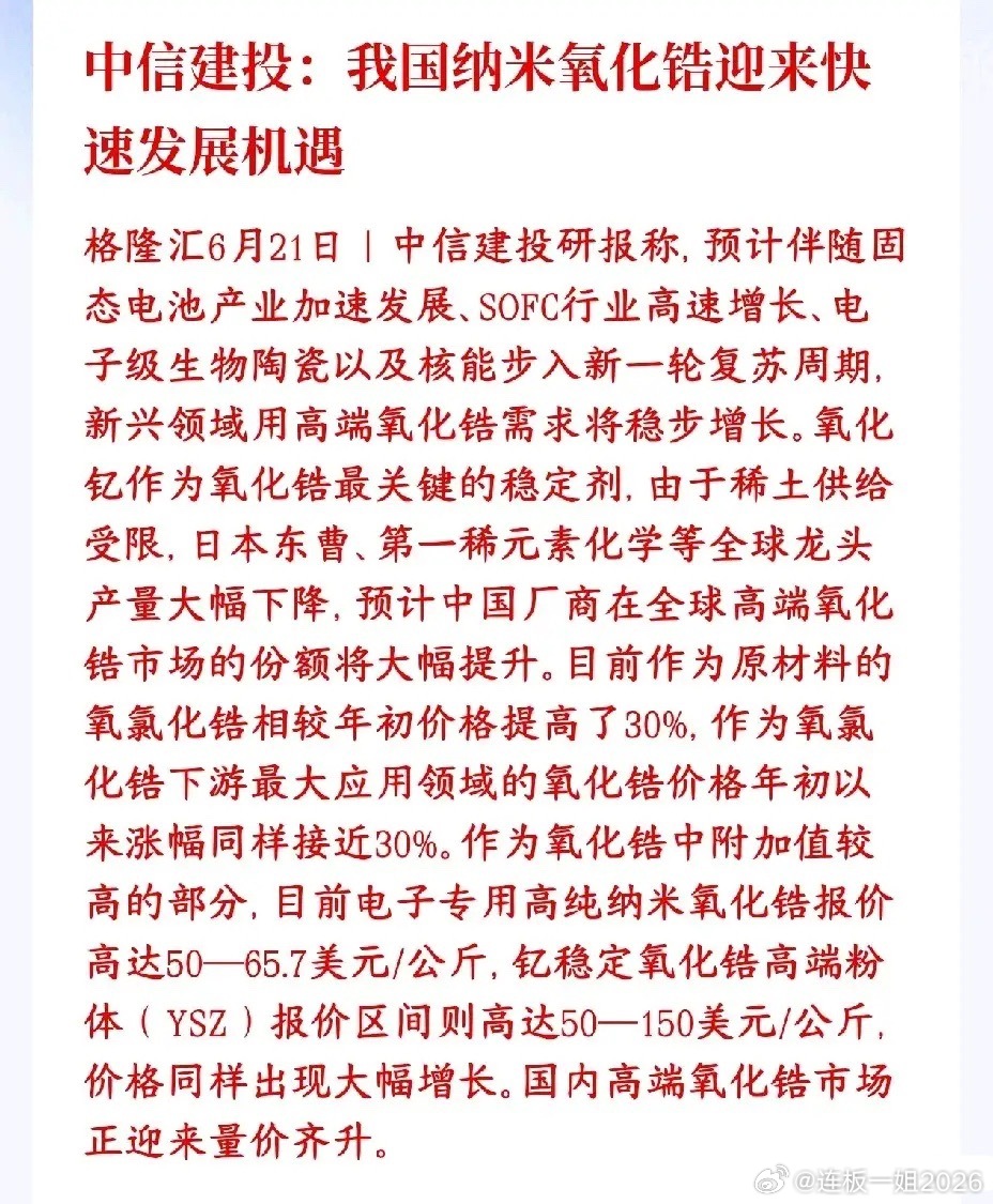 继六氟化钨之后，又出来了一种小金属化合物市场需求巨大中信建投氧化锆研报氧化锆是一