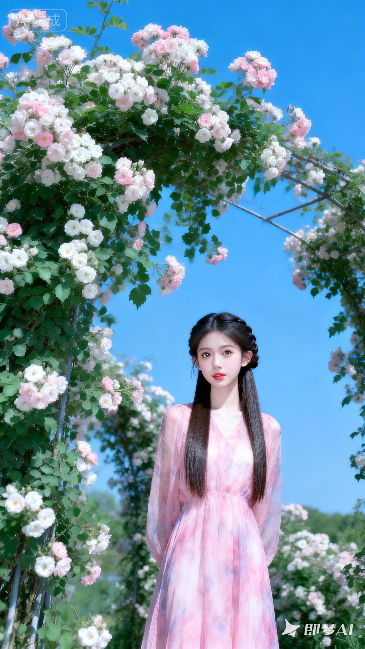 18岁亚洲甜妹，冷白皮陶瓷肌，中分甜妹编发长直发，粉色晕染纱裙。湛蓝天空下粉白蔷