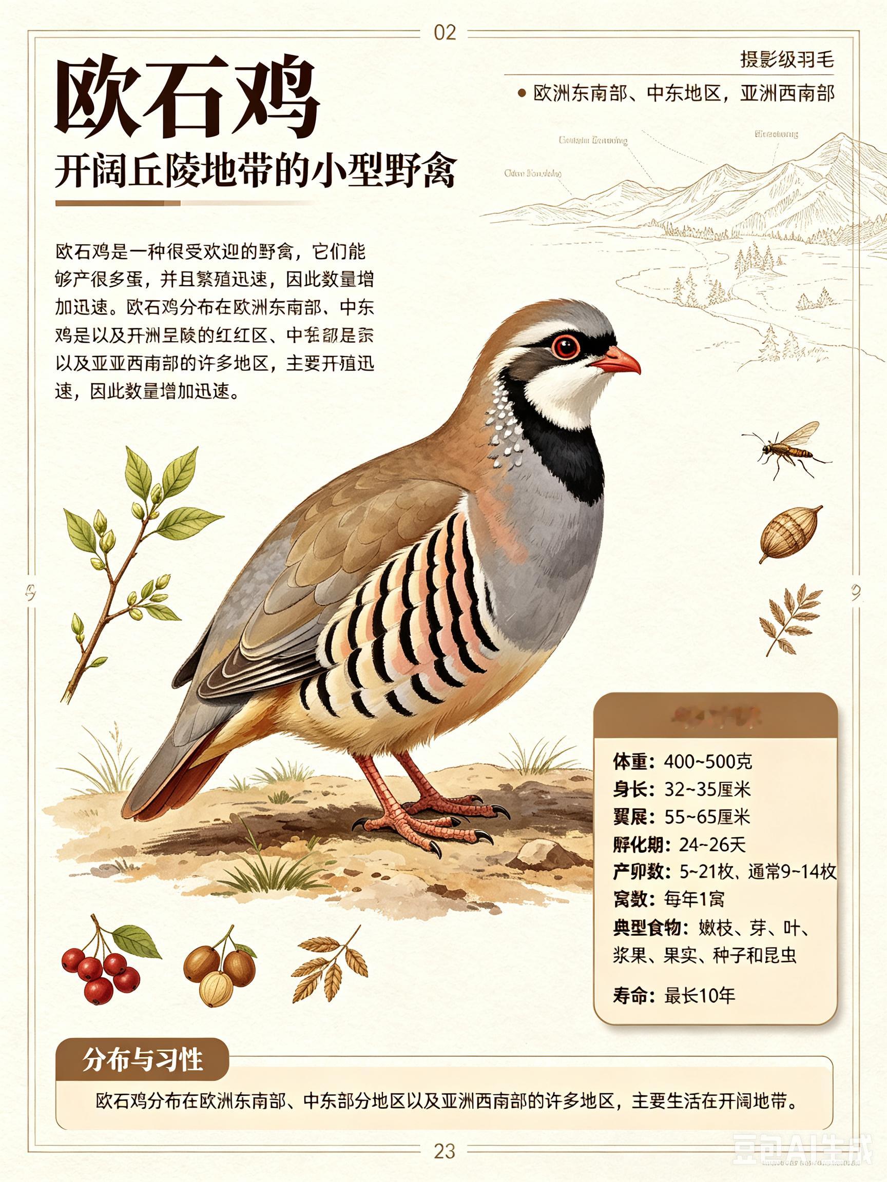 鸟类朋友图鉴 欧石鸡欧石鸡是一种很受欢迎的野禽，它们能够产很多蛋，并且繁殖迅速，