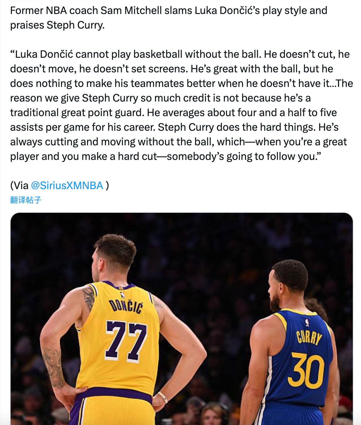 前 NBA 主教练萨姆·米切尔（Sam Mitchell）痛批卢卡·东契奇的打法