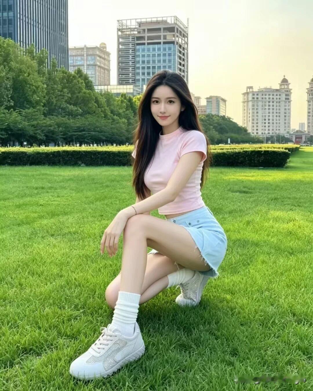 阳光下的少女，粉色的T恤，清新的草地，青春洋溢的笑容。