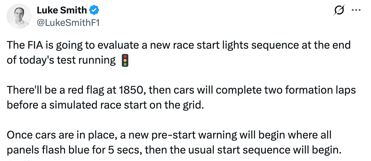 Luke Smith：今天稍晚FIA将测试一套新的发车程序，整体用时将会增加5秒