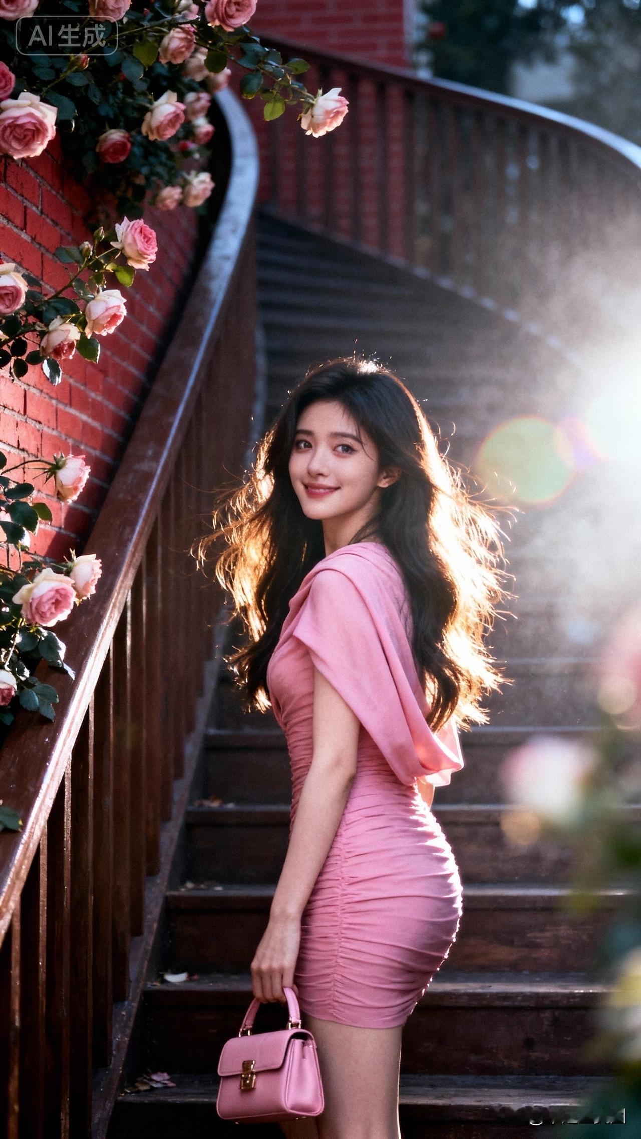 阳光下的粉裙少女，微笑如花绽放