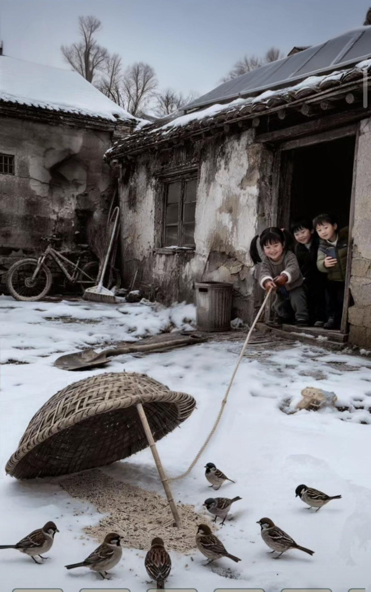 这是一个大雪天，
姊妹三个在老院。
一把谷粒当诱饵，
…………………………
请你
