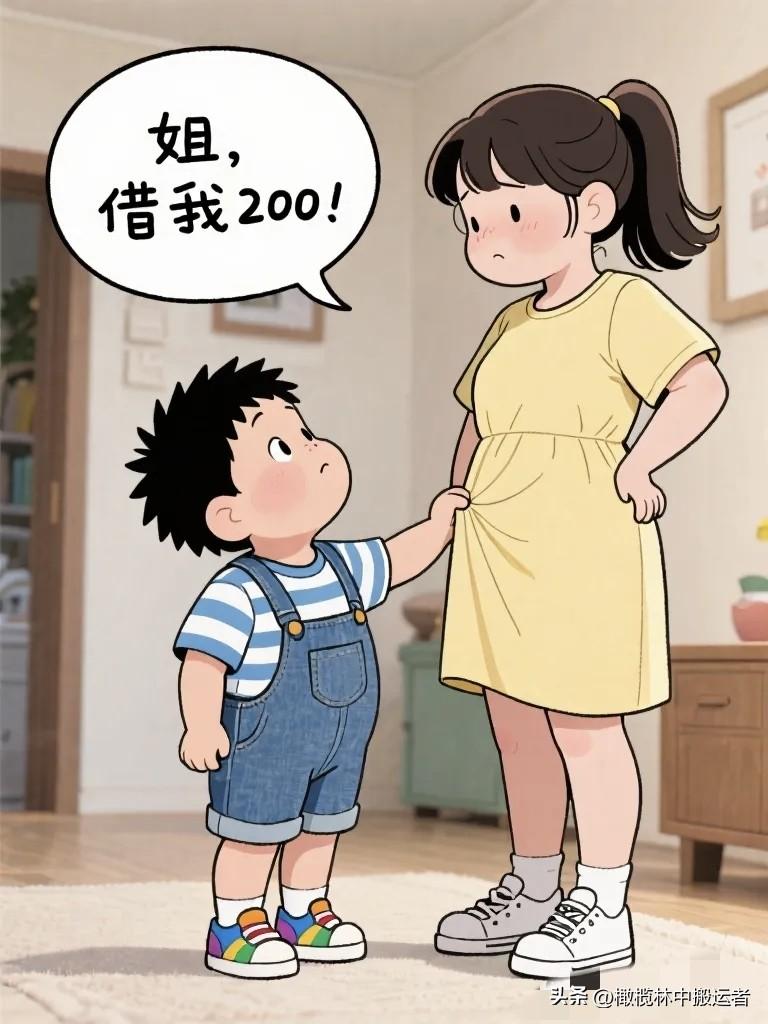 趣味漫画：弟弟：姐，借我200。姐姐：上次借的还了吗 ？弟弟：那不是你说请我的吗