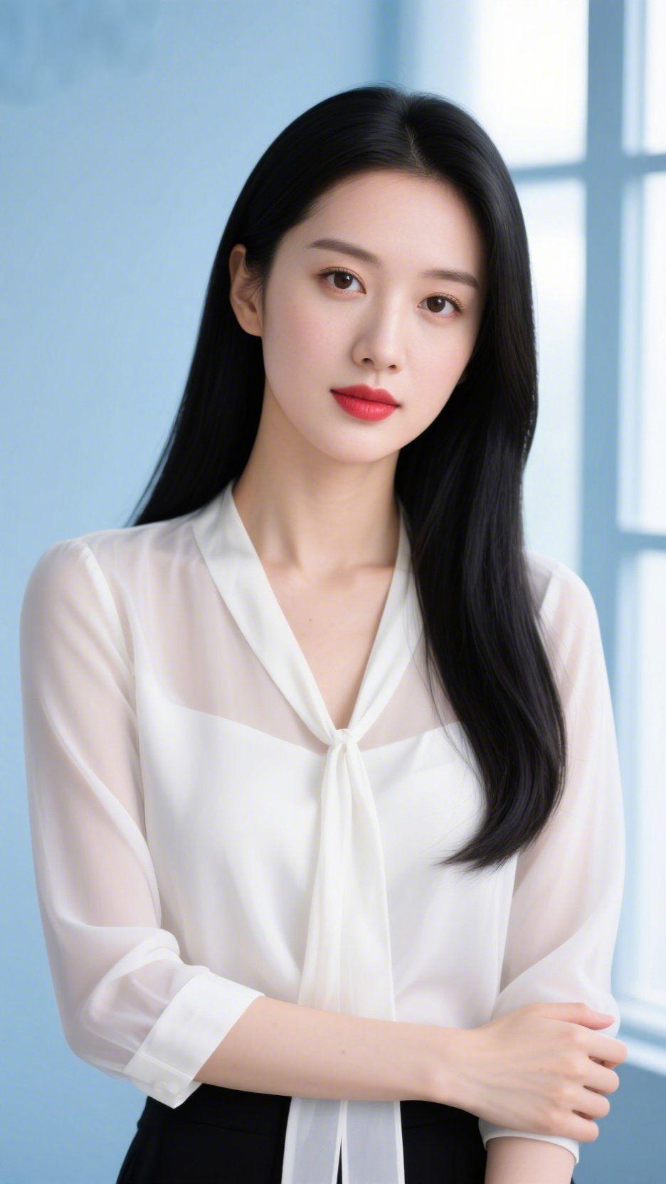 白衫裹满柔光
 
浅蓝背景里，她身着白纱系带领衫，衣料轻透如揉碎的云，领口的结随