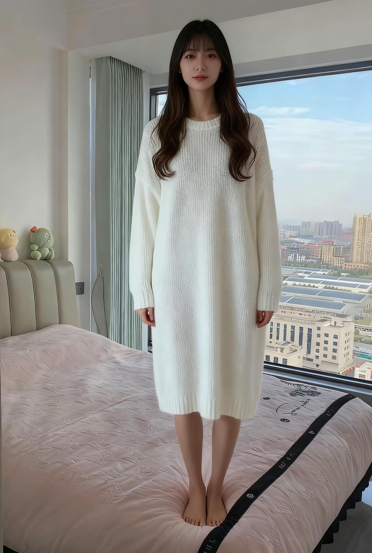 危楼高耸接云端，素女临窗立晓寒。
白袷凝霜沾玉色，青鬟绾雾坠金盘。
城光远映朝阳