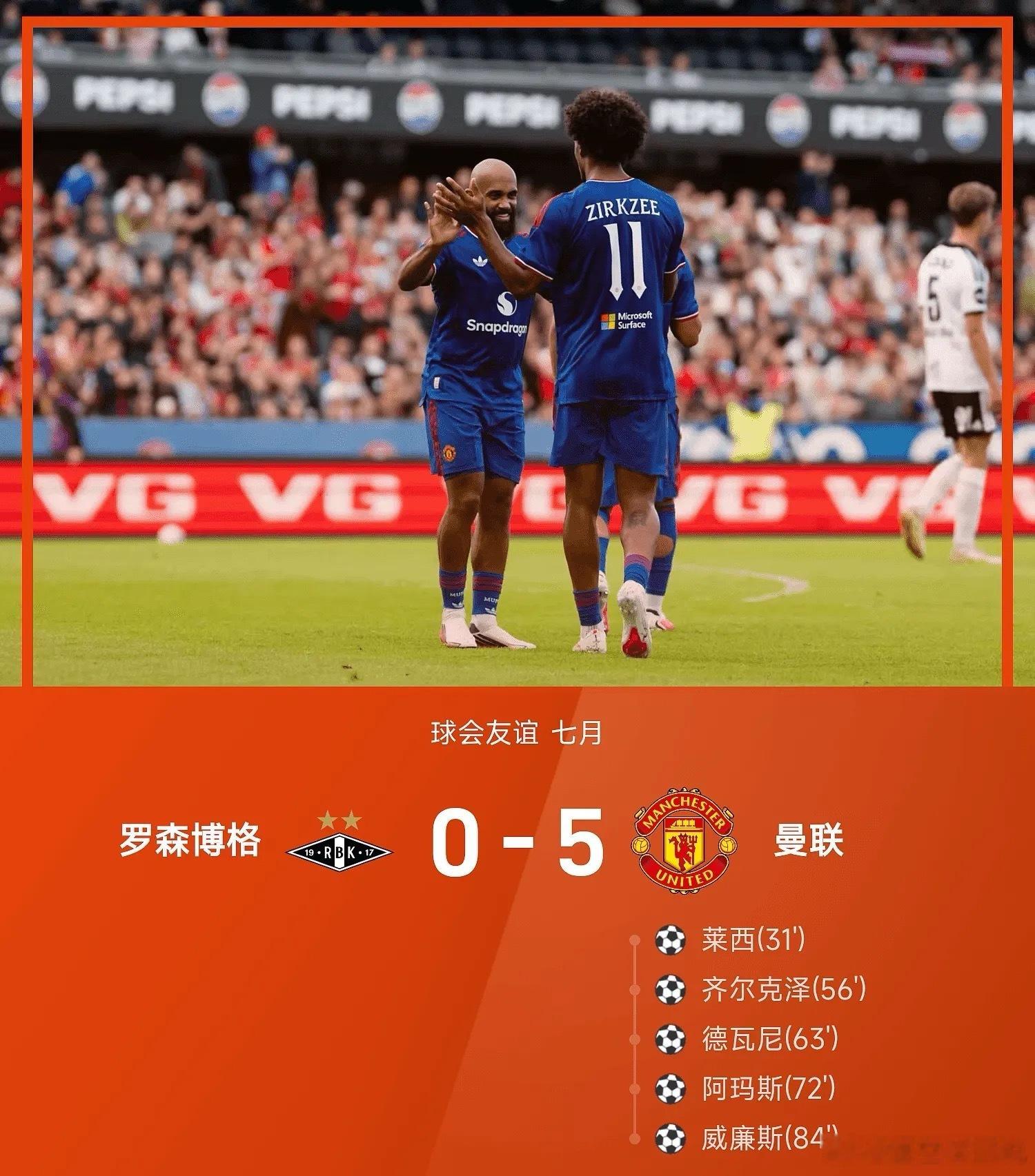 7月25日26赛季球会友谊七月，曼联5-0战胜罗森博格取得季前赛首胜。上半场第3