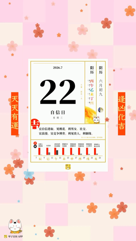 甲子日历 7 月 22 日，自信日。宜自信进取。见桃花，利男女、社交。📆 星座